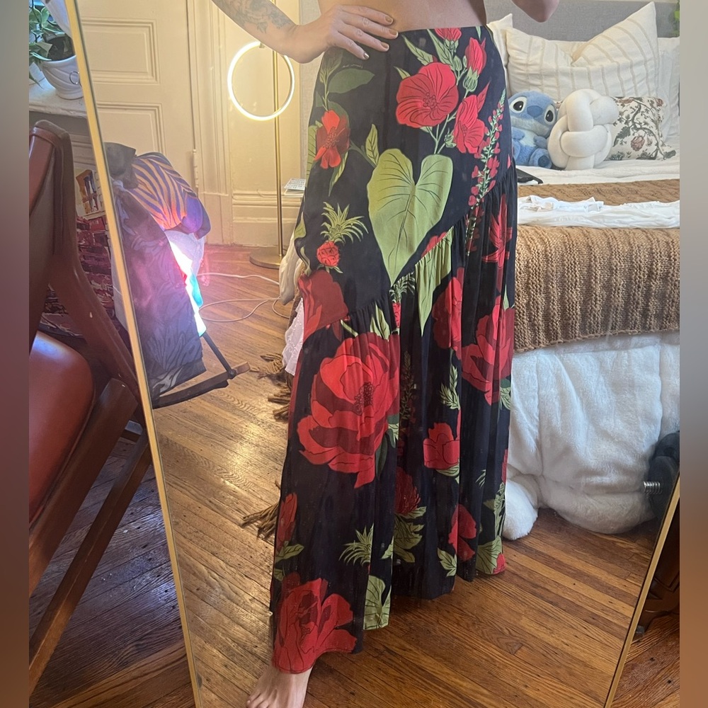 Anthropologie Vibrant Red and Green Floral Skirt